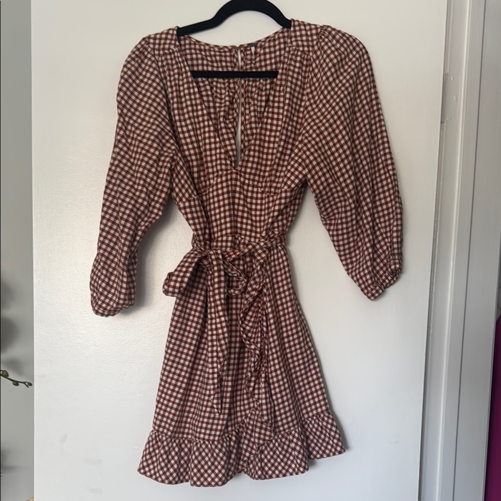 Free People Rust and White Wrap Sundress with Bishop Sleeves